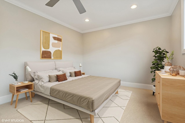 1949 W Nelson St Unit 1E, Chicago, IL 60657 - bedroom with light carpet, recessed lighting, crown molding, and a ceiling fan