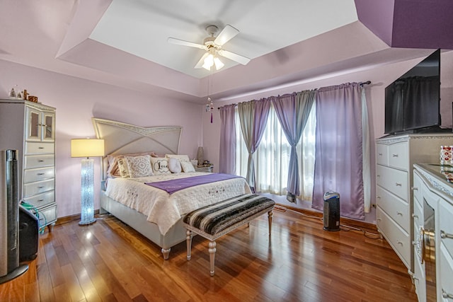 2718 Lake Side Cir, Joliet, IL 60431 - bedroom with a tray ceiling, wood-type flooring, and a ceiling fan