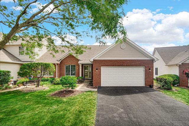 2718 Lake Side Cir, Joliet, IL 60431 - ranch-style house with brick siding, asphalt driveway, a garage, and a front lawn
