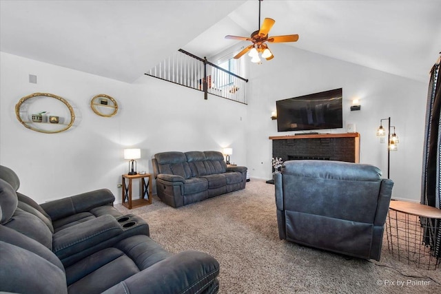 25909 S Woodrush Way, Channahon, IL 60410 - carpeted living area featuring ceiling fan, a fireplace, and high vaulted ceiling