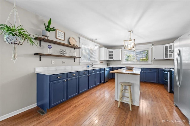 25909 S Woodrush Way, Channahon, IL 60410 - kitchen featuring blue cabinetry, stainless steel appliances, a center island, and healthy amount of natural light