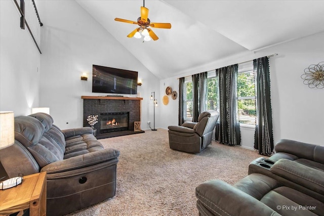 25909 S Woodrush Way, Channahon, IL 60410 - living area featuring high vaulted ceiling, ceiling fan, carpet flooring, and a brick fireplace