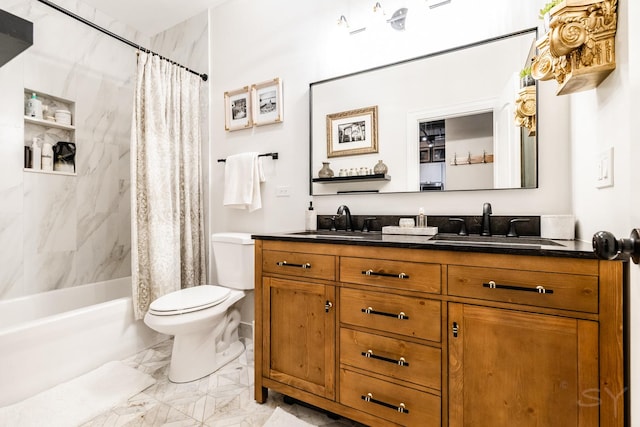 1820 N Spaulding Ave Unit 102, Chicago, IL 60647 - full bathroom featuring double vanity, marble look tiles, and shower / bathtub combination with curtain