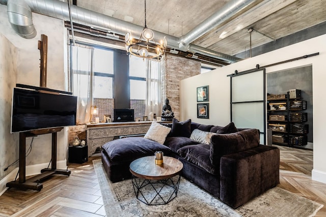 1820 N Spaulding Ave Unit 102, Chicago, IL 60647 - living room with a high ceiling, a chandelier, and a barn door