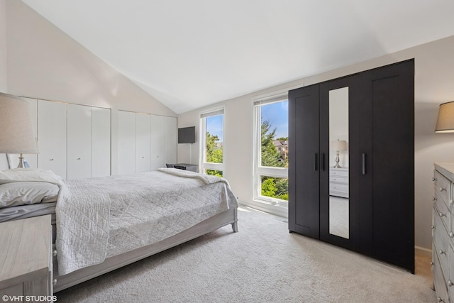 3843 Appian Way, Glenview, IL 60025 - bedroom featuring multiple closets, light colored carpet, and lofted ceiling