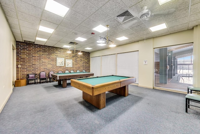 3843 Appian Way, Glenview, IL 60025 - rec room with carpet flooring, a drop ceiling, brick wall, and billiards table