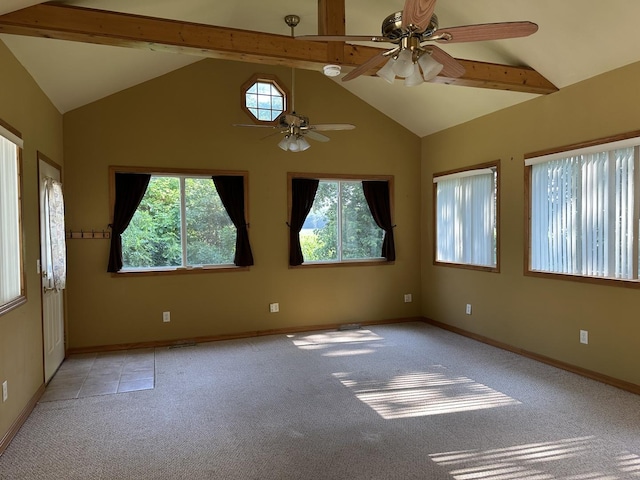 12851 Argo Fay Rd, Thomson, IL 61285 - unfurnished room featuring light colored carpet, ceiling fan, beamed ceiling, and high vaulted ceiling