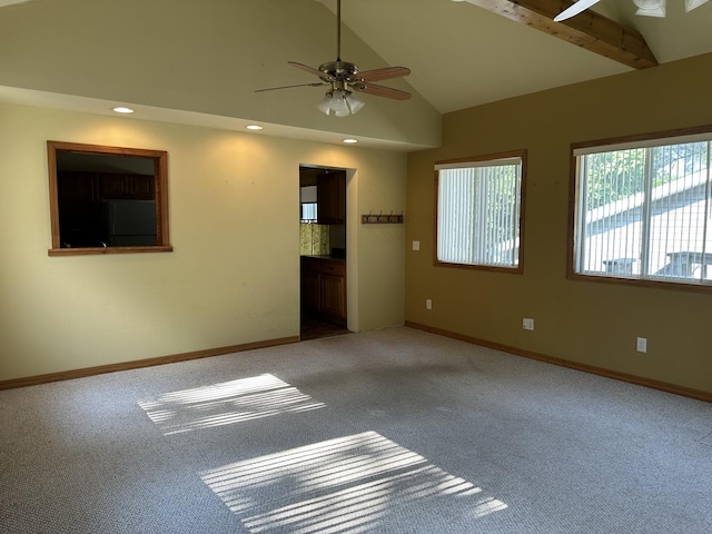 12851 Argo Fay Rd, Thomson, IL 61285 - empty room featuring ceiling fan, light colored carpet, lofted ceiling, and recessed lighting