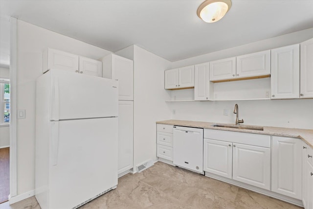 1807 Broadmoor Dr, Champaign, IL 61821 - kitchen featuring white appliances, open shelves, white cabinets, and light stone counters