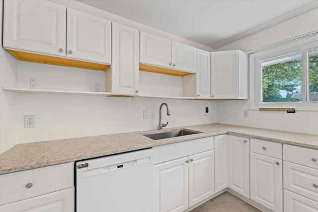 1807 Broadmoor Dr, Champaign, IL 61821 - kitchen featuring open shelves, white dishwasher, white cabinets, and light stone counters