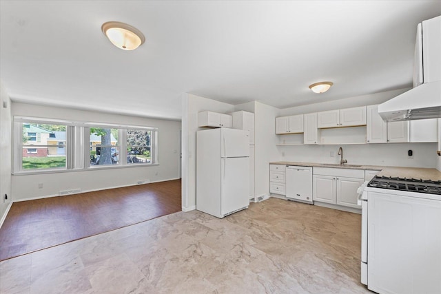 1807 Broadmoor Dr, Champaign, IL 61821 - kitchen with white appliances, exhaust hood, white cabinetry, light countertops, and open floor plan