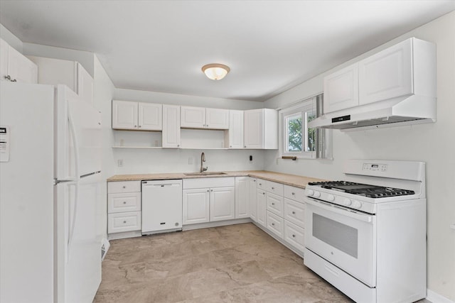 1807 Broadmoor Dr, Champaign, IL 61821 - kitchen with white appliances, premium range hood, open shelves, and white cabinetry