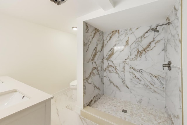 7716 S Rhodes Ave, Chicago, IL 60619 - full bathroom with marble look tiles, a marble finish shower, and vanity