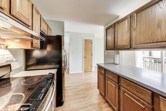 108 Bishop Quarter Ln, Oak Park, IL 60302 - kitchen featuring electric range, under cabinet range hood, light wood-style floors, tasteful backsplash, and brown cabinets
