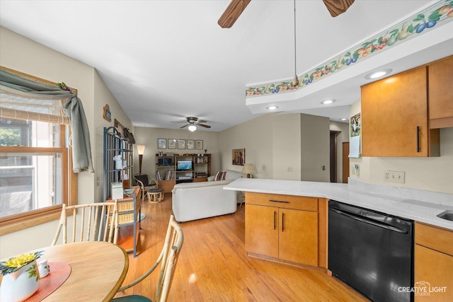 872 Shady Ln, Aurora, IL 60506 - kitchen featuring dishwasher, a ceiling fan, a peninsula, light wood-style floors, and light countertops