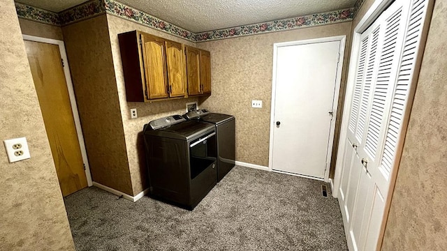 16179 Greenland Dr, Morrison, IL 61270 - laundry area featuring cabinet space, separate washer and dryer, a textured ceiling, carpet flooring, and wallpapered walls