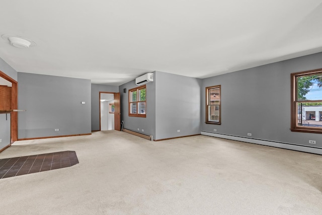 144 Greenley St, Woodstock, IL 60098 - unfurnished living room featuring a baseboard radiator, carpet, and a wall mounted air conditioner