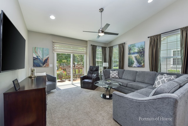 2065 John Paul Jones Ln Unit 2065, Bolingbrook, IL 60490 - living room featuring carpet, vaulted ceiling, a ceiling fan, and recessed lighting