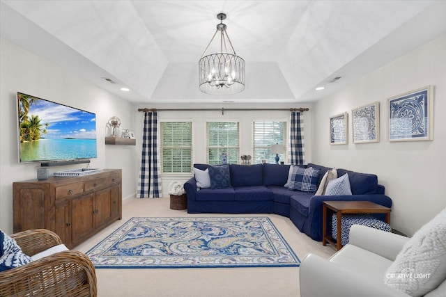 3704 Heathmoor Dr, Elgin, IL 60124 - living area with light colored carpet, a chandelier, a tray ceiling, and recessed lighting