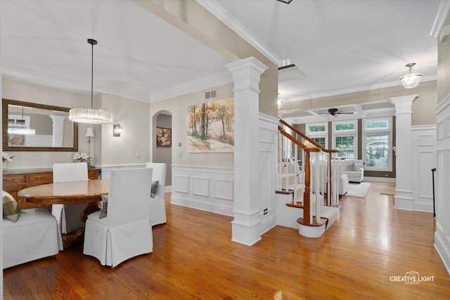 3704 Heathmoor Dr, Elgin, IL 60124 - dining area with a decorative wall, a ceiling fan, ornamental molding, wood finished floors, and stairs