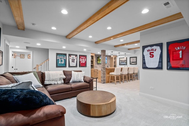 3704 Heathmoor Dr, Elgin, IL 60124 - living area featuring recessed lighting, light colored carpet, beamed ceiling, stairs, and ornate columns