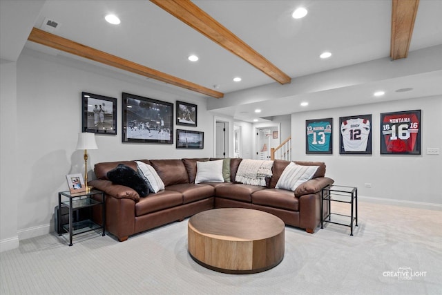 3704 Heathmoor Dr, Elgin, IL 60124 - living area with recessed lighting, light carpet, beam ceiling, and stairway