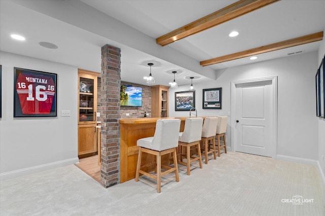 3704 Heathmoor Dr, Elgin, IL 60124 - indoor wet bar with light carpet, decorative columns, beamed ceiling, recessed lighting, and decorative light fixtures
