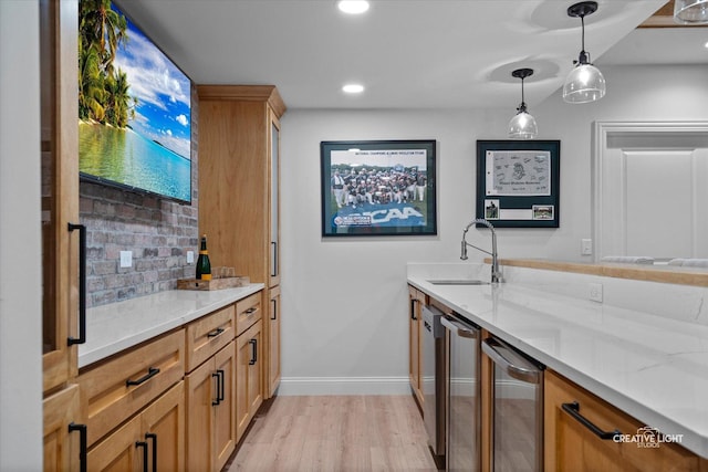 3704 Heathmoor Dr, Elgin, IL 60124 - bar area with light wood-style flooring, backsplash, pendant lighting, and recessed lighting
