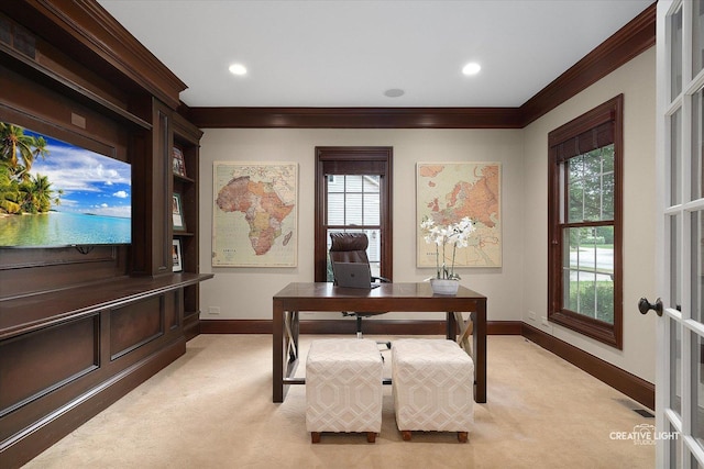 3704 Heathmoor Dr, Elgin, IL 60124 - office space featuring crown molding, light colored carpet, plenty of natural light, recessed lighting, and french doors