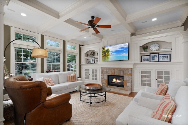 3704 Heathmoor Dr, Elgin, IL 60124 - living room with coffered ceiling, beam ceiling, ornamental molding, a fireplace, and wood finished floors