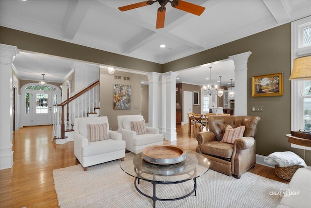 3704 Heathmoor Dr, Elgin, IL 60124 - living room with decorative columns, coffered ceiling, light wood-type flooring, crown molding, and a ceiling fan