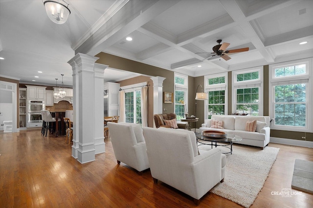 3704 Heathmoor Dr, Elgin, IL 60124 - living room featuring ornate columns, crown molding, wood finished floors, ceiling fan, and recessed lighting