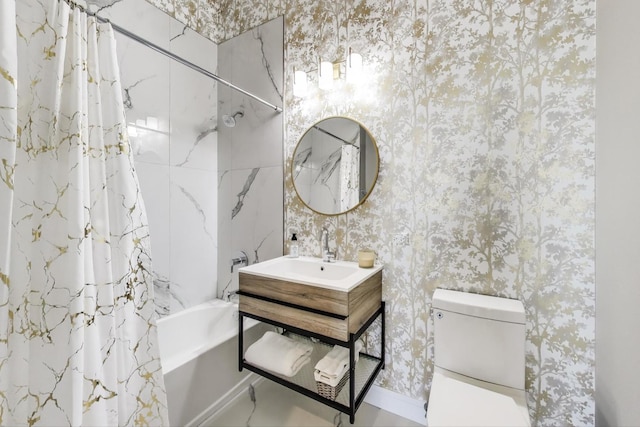 2405 W Iowa St Unit 405, Chicago, IL 60622 - full bathroom with wallpapered walls, shower / tub combo with curtain, and vanity