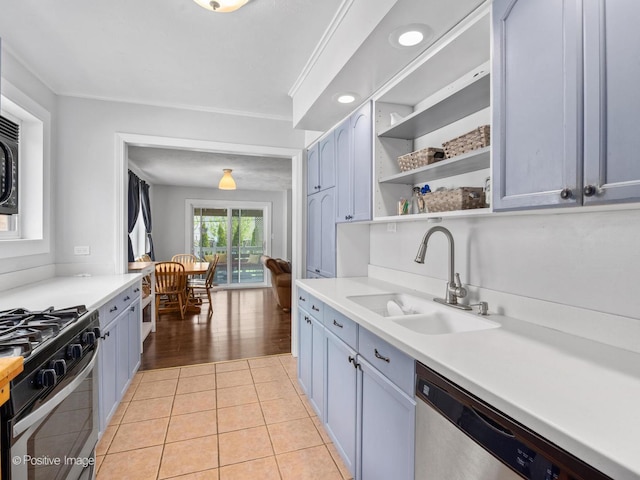 307 N Schubert St, Palatine, IL 60067 - kitchen featuring appliances with stainless steel finishes, open shelves, light countertops, light tile patterned floors, and ornamental molding