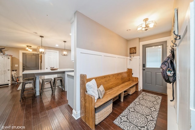 1715 Chesterfield Ave, Glen Ellyn, IL 60137 - mudroom featuring dark wood-style flooring, a chandelier, wainscoting, and recessed lighting