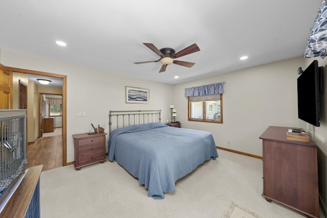 541 Donald St, Hinckley, IL 60520 - bedroom featuring recessed lighting, light colored carpet, a fireplace, and ceiling fan