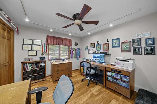 541 Donald St, Hinckley, IL 60520 - office area featuring track lighting, ceiling fan, and light wood finished floors