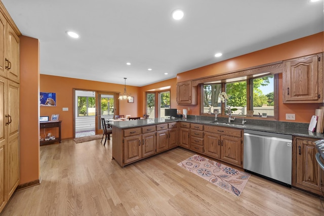 541 Donald St, Hinckley, IL 60520 - kitchen with dishwasher, light wood-type flooring, a chandelier, recessed lighting, and a peninsula