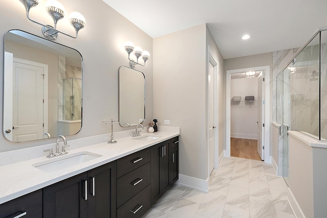 11049 Lizmore Ln Unit 40B, Orland Park, IL 60467 - full bath with a shower stall, marble finish flooring, double vanity, a spacious closet, and recessed lighting