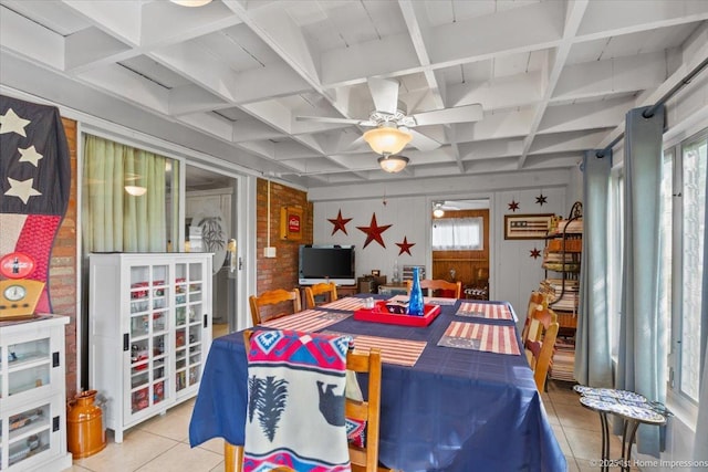 8011 Lawler Ave, Burbank, IL 60459 - dining area featuring light tile patterned floors, a ceiling fan, coffered ceiling, beam ceiling, and wooden walls