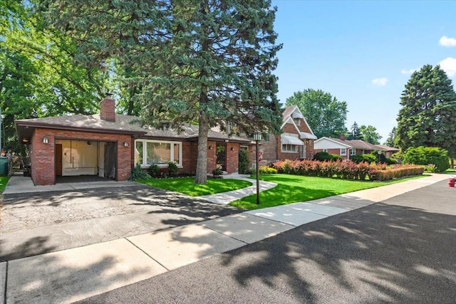 8011 Lawler Ave, Burbank, IL 60459 - view of front of house with driveway, a chimney, a front yard, a garage, and brick siding