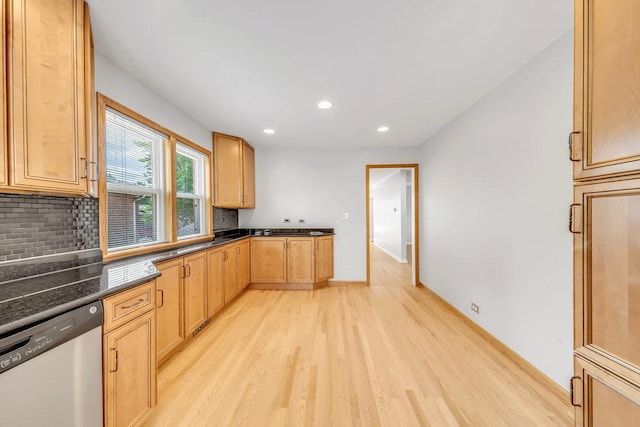 10817 S Kenneth Ave, Oak Lawn, IL 60453 - kitchen with dishwasher, light wood finished floors, backsplash, recessed lighting, and light brown cabinetry