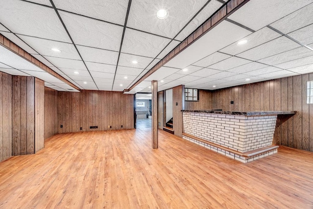 10817 S Kenneth Ave, Oak Lawn, IL 60453 - indoor dry bar featuring wood walls, light wood finished floors, stairs, recessed lighting, and a drop ceiling