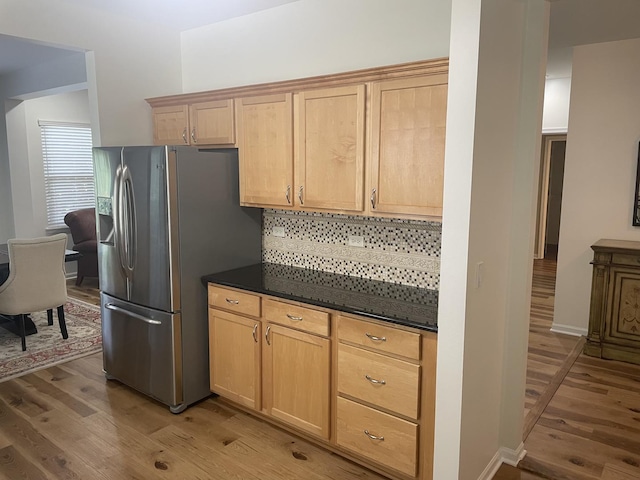21024 W Walnut Ln, Plainfield, IL 60544 - kitchen with light wood-style flooring, stainless steel refrigerator with ice dispenser, decorative backsplash, and light brown cabinets