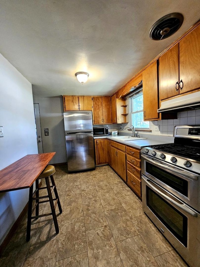 129 S Commonwealth Ave, Elgin, IL 60123 - kitchen with appliances with stainless steel finishes, under cabinet range hood, brown cabinets, backsplash, and light countertops