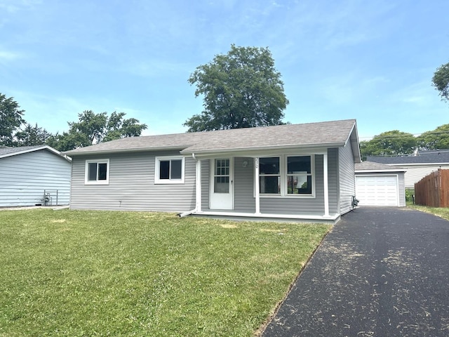 230 Northridge Ave, Bolingbrook, IL 60440 - ranch-style home featuring a porch, asphalt driveway, an outbuilding, a garage, and a shingled roof