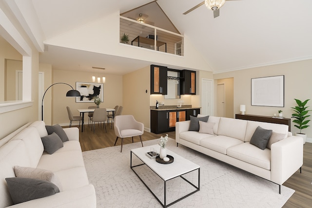18100 Rita Rd Unit 3B, Tinley Park, IL 60477 - living area featuring dark wood-type flooring, high vaulted ceiling, wet bar, and ceiling fan