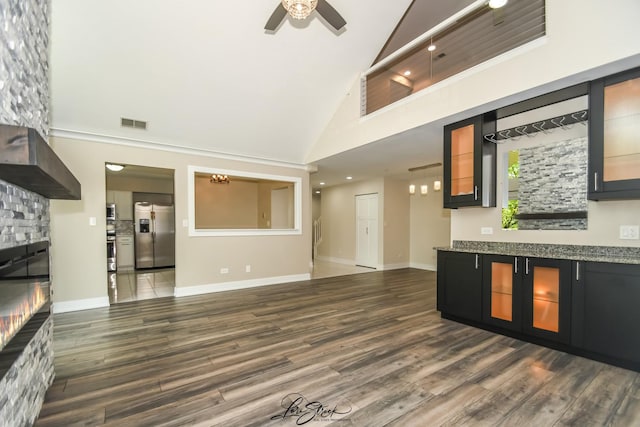 18100 Rita Rd Unit 3B, Tinley Park, IL 60477 - unfurnished living room featuring high vaulted ceiling, ceiling fan, dark wood-type flooring, and recessed lighting