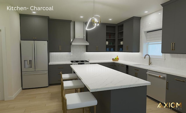 5360 Westwind Dr, Richton Park, IL 60471 - kitchen with white refrigerator with ice dispenser, wall chimney range hood, stainless steel dishwasher, light wood finished floors, and a kitchen island
