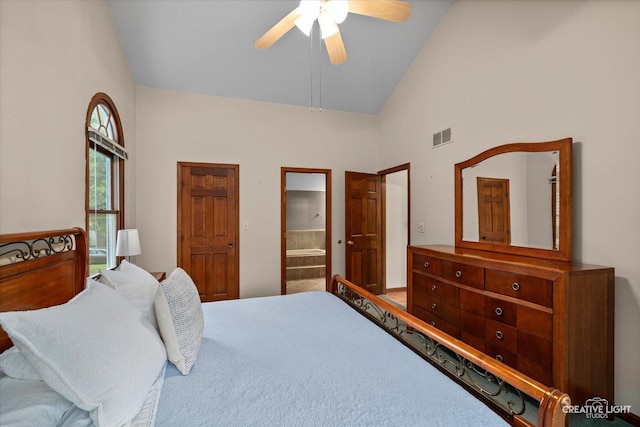 116 Pipers Dr, Bartlett, IL 60103 - bedroom featuring high vaulted ceiling, ceiling fan, and ensuite bath